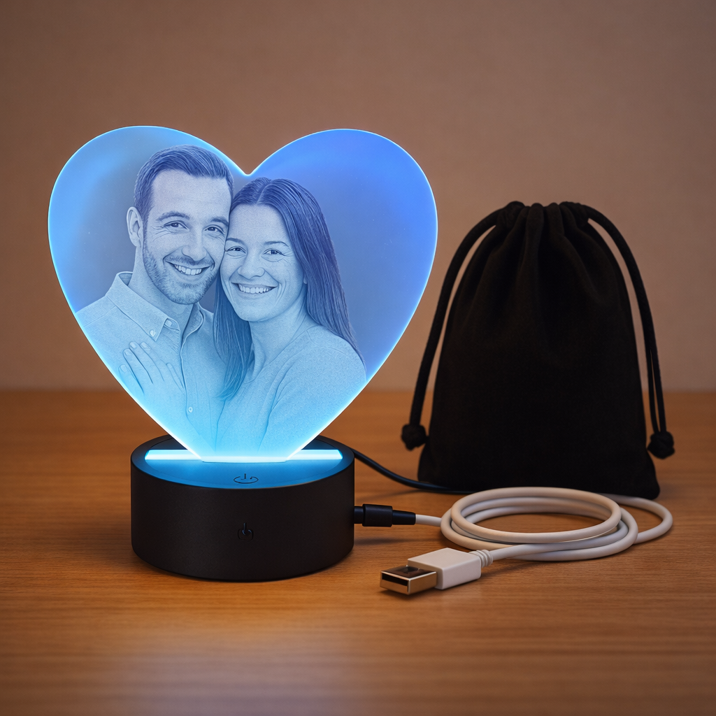 ❤️ Cadre photo LED cœur personnalisé – Gravure lumineuse sur plaque acrylique