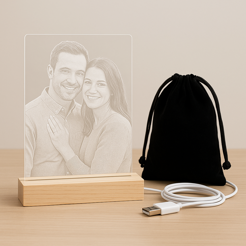 ❤️ Cadre photo LED personnalisé – Gravure sur socle en bois