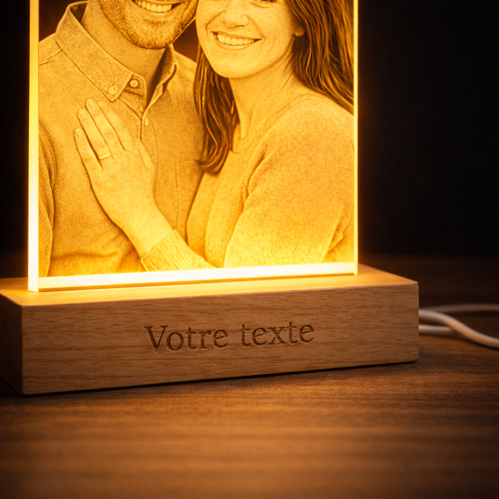 Gravure personnalisée sur socle en bois du cadre photo LED