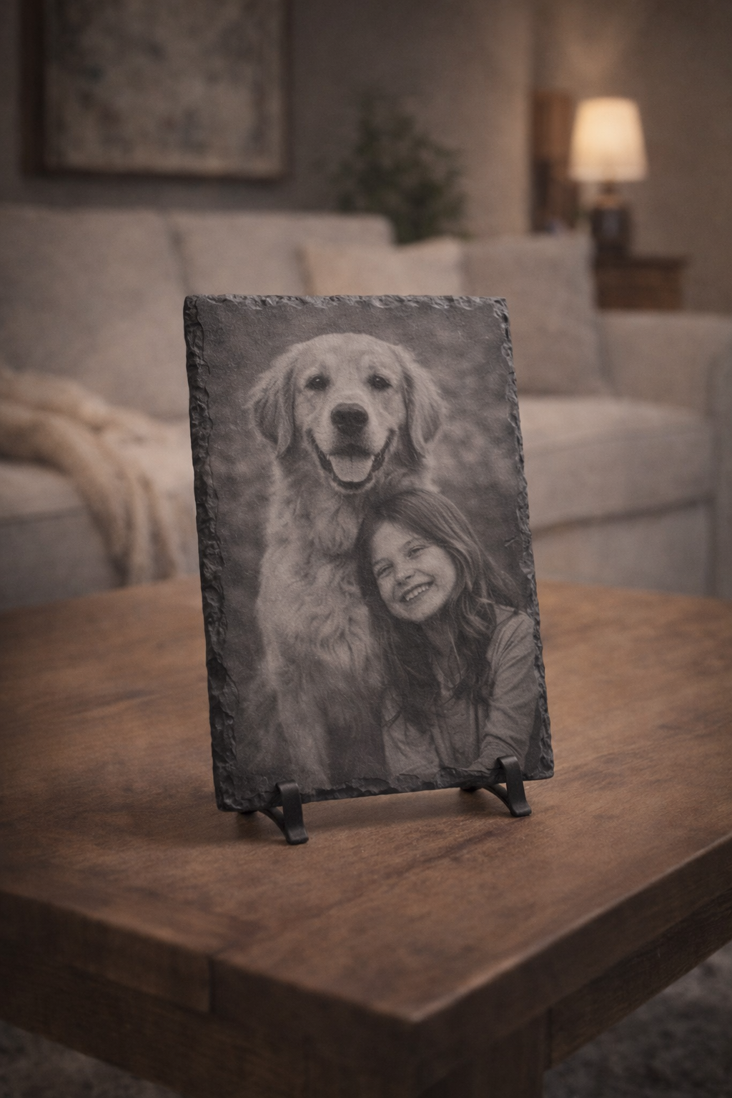 Ardoise photo personnalisée avec gravure artisanale à partir d’une photo
