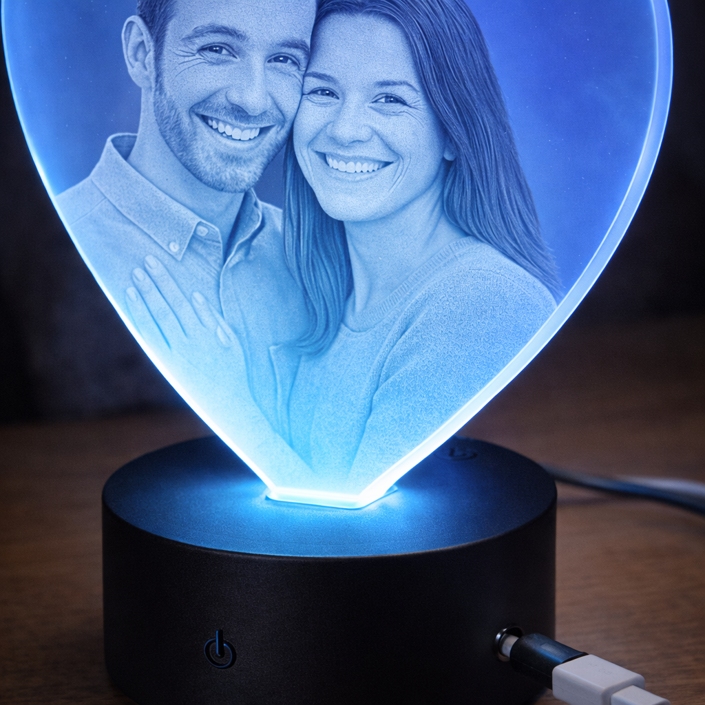 Gros plan sur la gravure photo du cadre LED cœur personnalisé