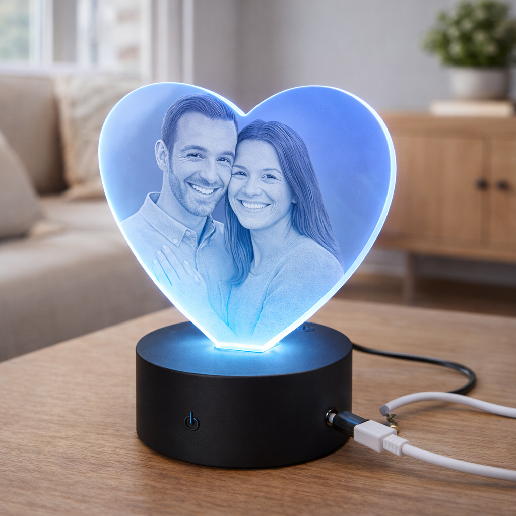 Cadre photo LED cœur personnalisé allumé en plein jour avec gravure photo